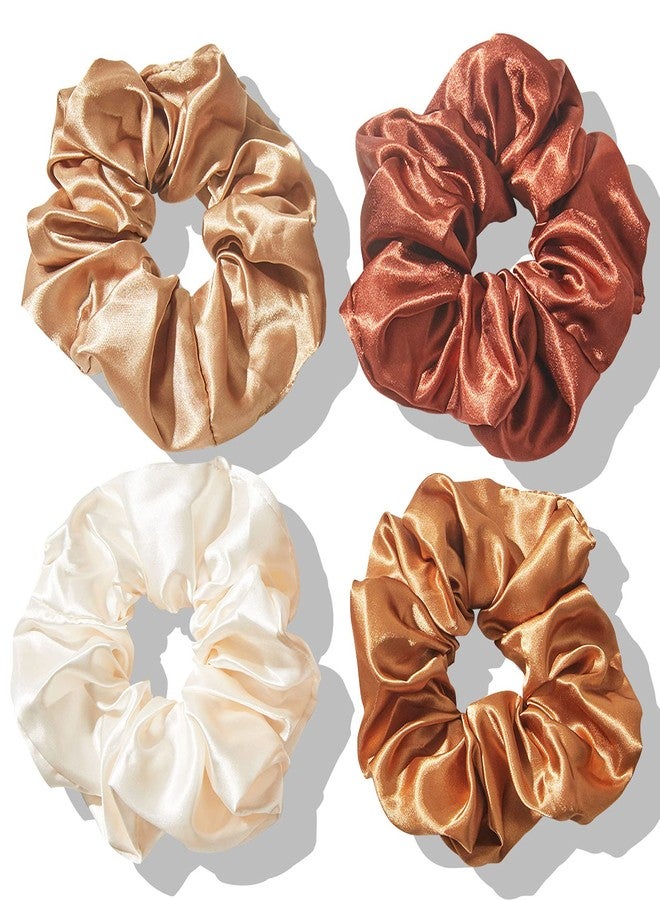 Cabaubl 4pcs Silk Satin Hair Ties,Oversized Soft Hair Scrunchies for Women Girls Gift,Elastic Ponytail Holder Decorations,Hair Style Accessories,Light brown, coffee, dark brown, off-white Scrunchy - Image 1