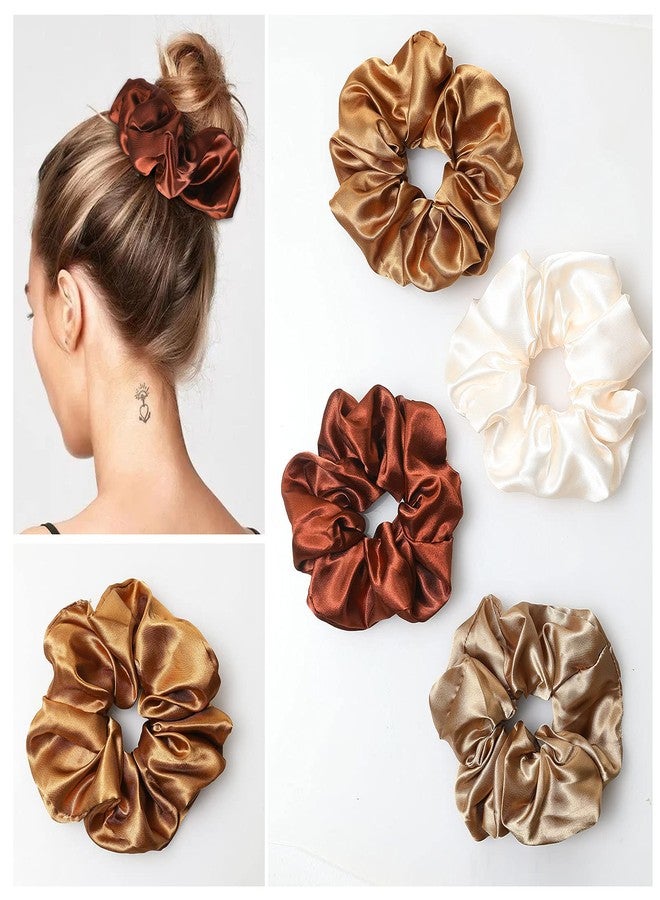 Cabaubl 4pcs Silk Satin Hair Ties,Oversized Soft Hair Scrunchies for Women Girls Gift,Elastic Ponytail Holder Decorations,Hair Style Accessories,Light brown, coffee, dark brown, off-white Scrunchy - Image 5