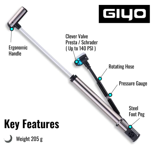 GIYO GM741 High Precision Bike Pump with Gauge - Portable Floor Pump, Durable & Lightweight for Mountain & Road Bikes, 140 PSI, Universal Valve Compatibility - Image 5