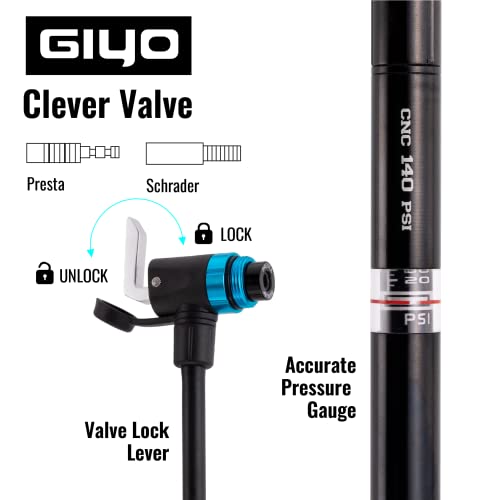 GIYO GM741 High Precision Bike Pump with Gauge - Portable Floor Pump, Durable & Lightweight for Mountain & Road Bikes, 140 PSI, Universal Valve Compatibility - Image 4