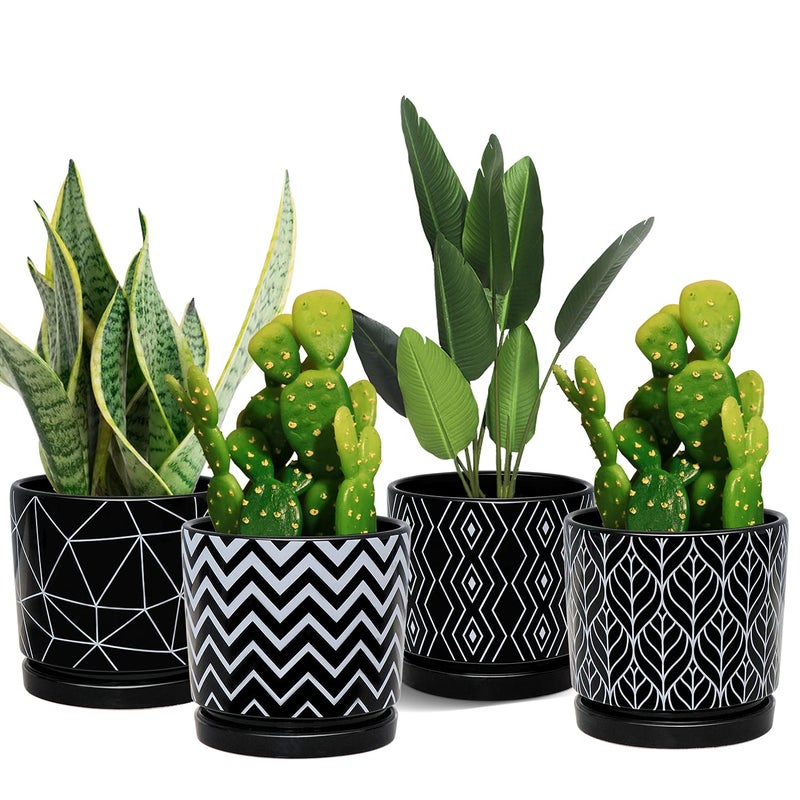 Ton Sin Flower Pots55 Inch Black Ceramic Planter with Drainage HoleIndoor Cylinder Plant Pots with SaucerCactus Succulent Outdoor Garden Pots Set of 4