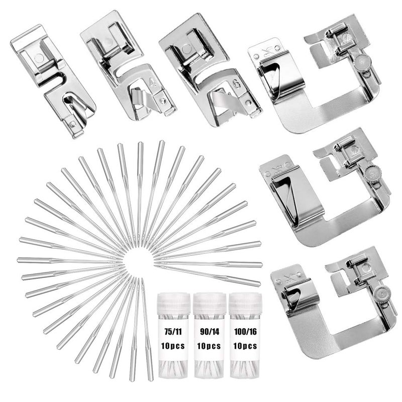 LUNARM 6 Pcs Hemming Foot Kit  3 Pcs Narrow Rolled Hem Sewing Machine Presser Foot 3 Pcs Wide Hem Presser Foot and 30 Pcs Sewing Machine Needles for Household MultiFunction Sewing Machines