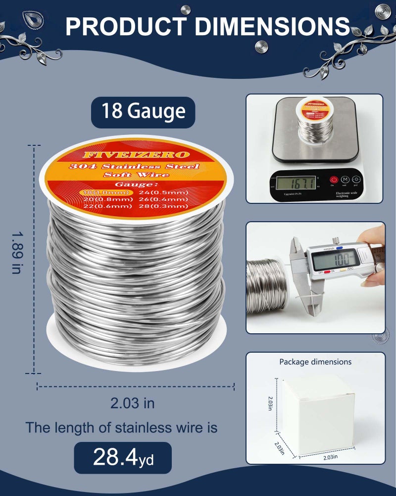 FIVEIZERO 18 Gauge 304 Stainless Steel Wire for Jewelry Making,28yd Stainless Steel Jewelry Wires Thin Metal Craft Wire for Necklace,Bracelet,Earring,Bead Stringing,DIY,Floral and Home Crafts - Image 2