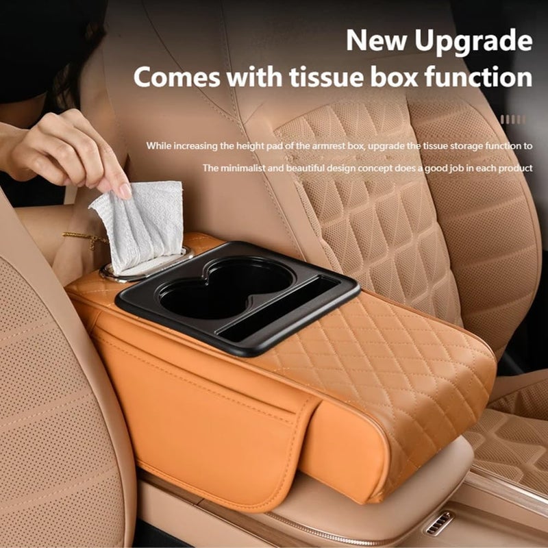 2026 New Multifunctional Waterproof Pu Leather Car Armrest Box Mat Car Armrest Storage Box 5 In 1 Center Console Pad With 2 Storage Bags2 Cup HolderTissue Boxs Slot For Most Cars - Image 2
