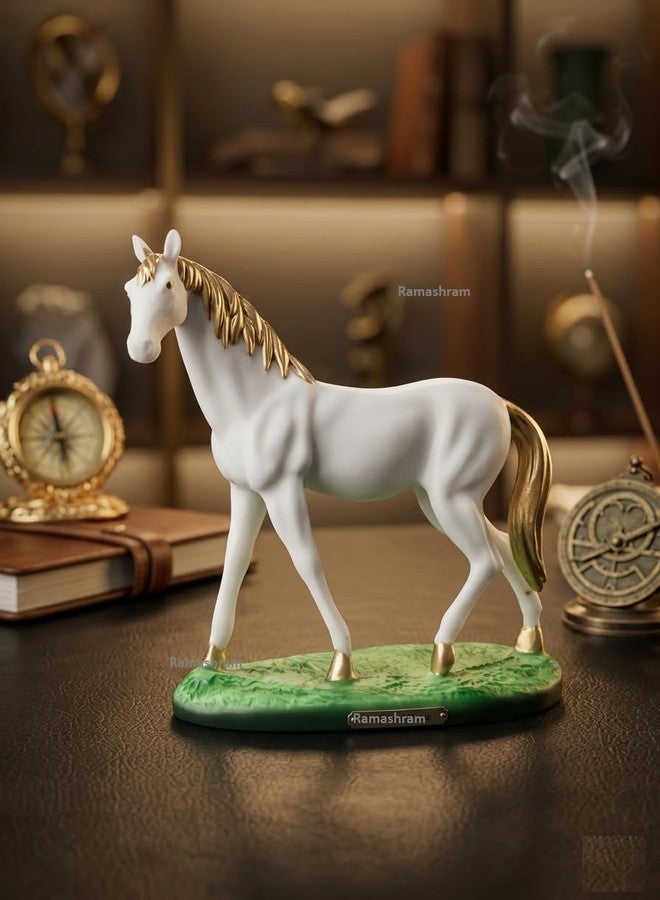 Ramashram Elegant White & Gold Rearing Horse Figurine – Resin Decorative Showpiece for Home Décor, Office Table Accent, Lucky Horse Statue, Miniature Animal Sculpture (5.5 Inch) (Standing Horse) - Image 1
