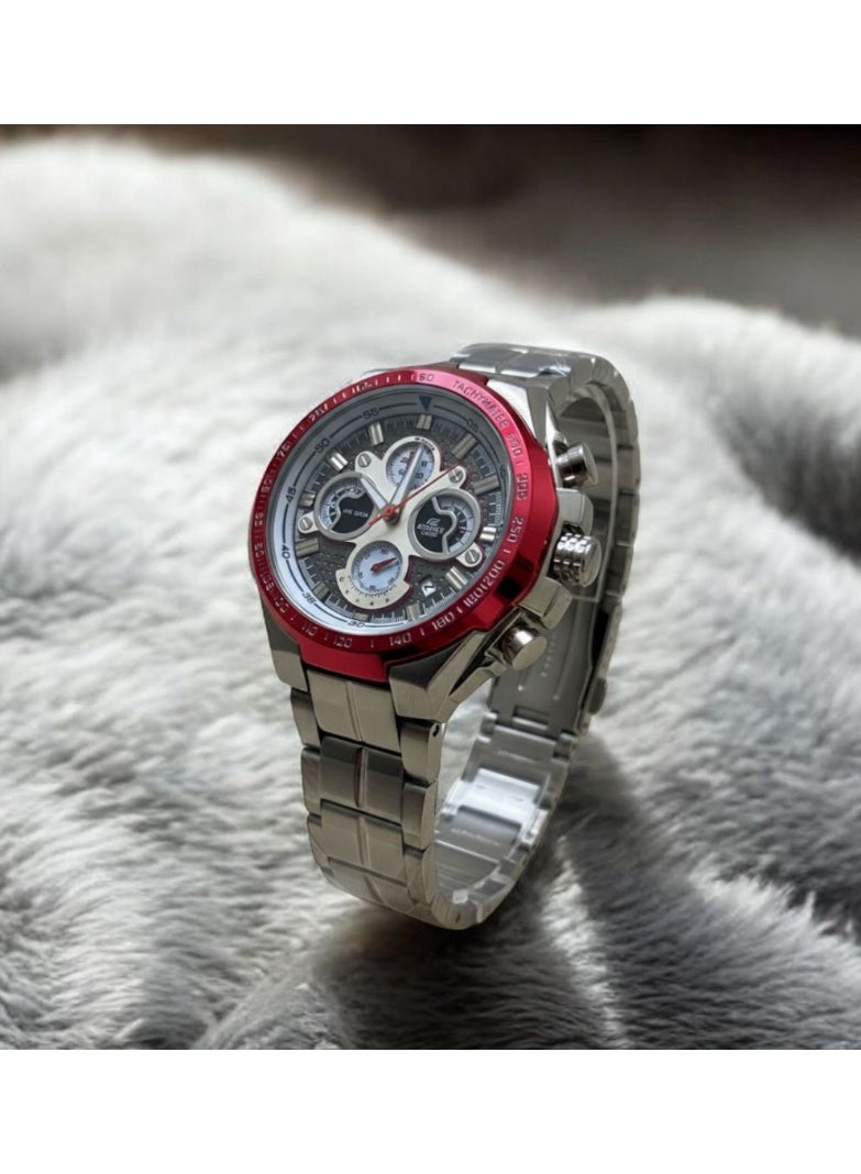 كاسيو ساعة كاسيو إيديفيس FY-1906 للرجال والنساء، بحزام فولاذي، فاخرة، مناسبة للأعمال، تعرض التاريخ وساعة الإيقاف، موديل EF-558، مينا أحمر، كوارتز. - Image 2