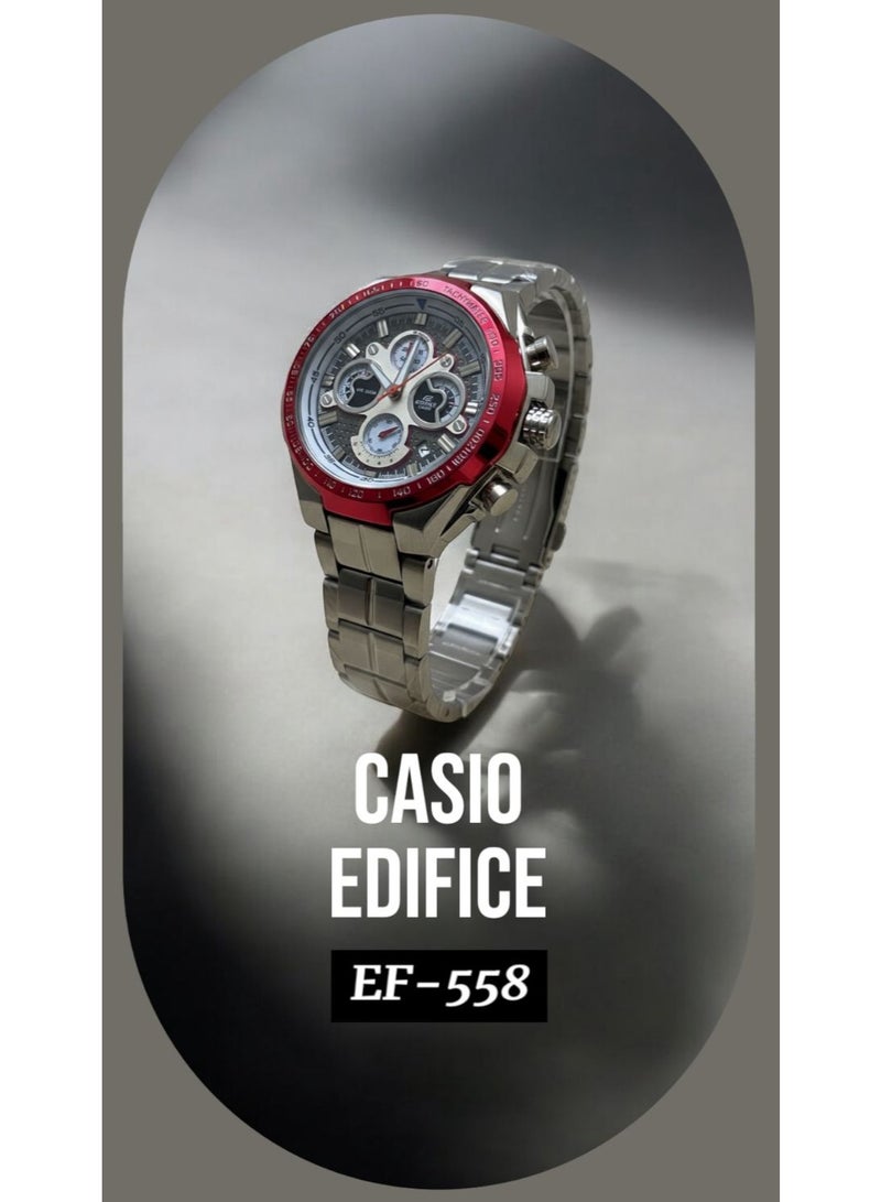 كاسيو ساعة كاسيو إيديفيس FY-1906 للرجال والنساء، بحزام فولاذي، فاخرة، مناسبة للأعمال، تعرض التاريخ وساعة الإيقاف، موديل EF-558، مينا أحمر، كوارتز. - Image 3