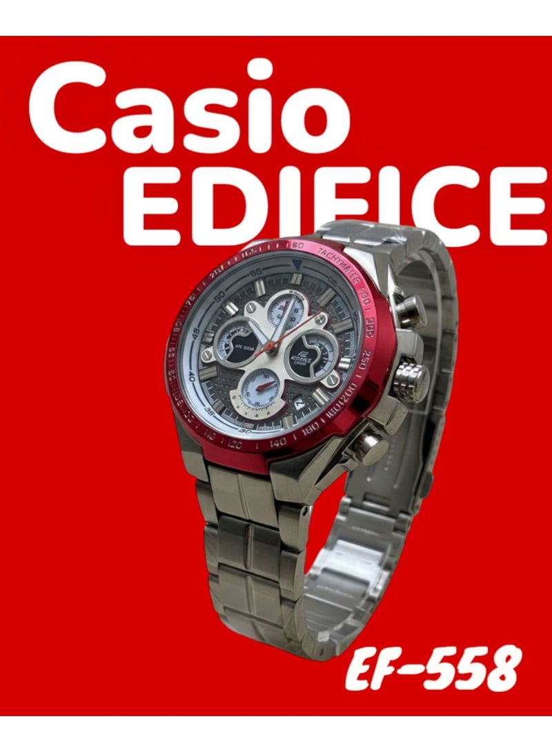 كاسيو ساعة كاسيو إيديفيس FY-1906 للرجال والنساء، بحزام فولاذي، فاخرة، مناسبة للأعمال، تعرض التاريخ وساعة الإيقاف، موديل EF-558، مينا أحمر، كوارتز. - Image 5