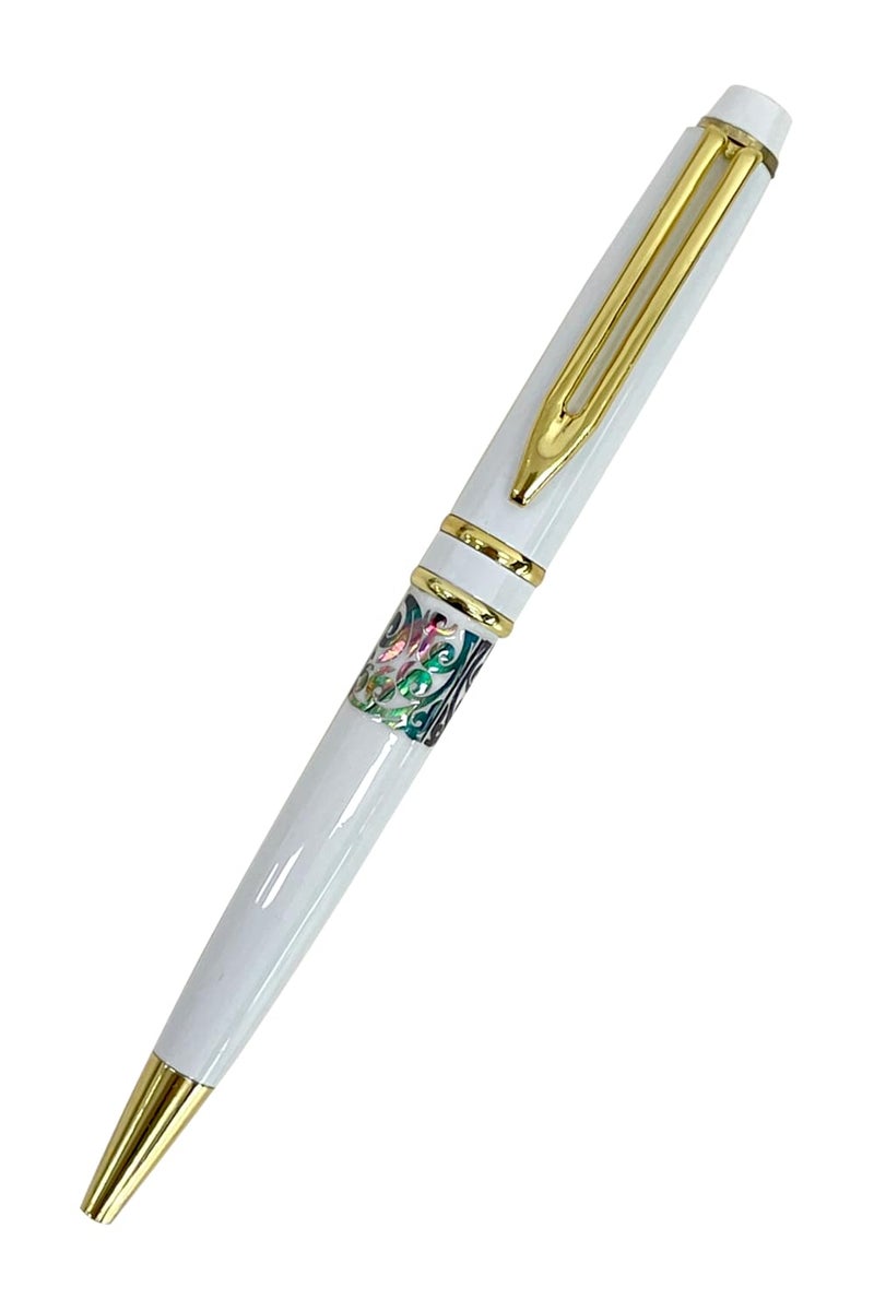 Nacreh Inlay Mother of Pearl Design Handmade Ballpoint Pen Retractable Executive Gift Deluxe Rollerball Point Black Ink (White) - Image 1