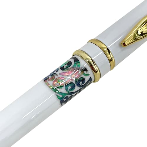 Nacreh Inlay Mother of Pearl Design Handmade Ballpoint Pen Retractable Executive Gift Deluxe Rollerball Point Black Ink (White) - Image 2