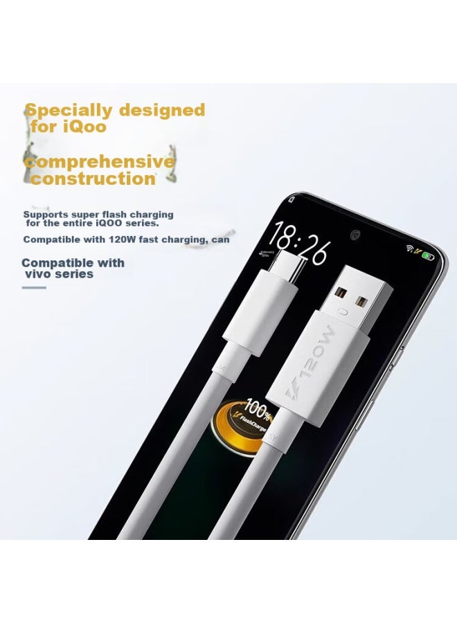 كومباتيبل متوافق مع كابل شحن Vivo/iqoo، كابل بيانات الشحن السريع 120w، لـ Neo9/8/7/6 Aikoo 66w شاحن سيارة ثنائي المحرك USB شحن سيارة سريع، 1 متر - Image 2