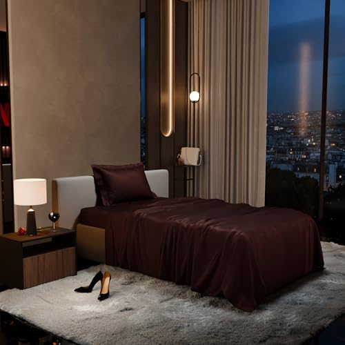 Stoa Paris 300 TC Satin Bedsheet Single Bed with Pillow Covers, Premium Ultra Satin Bedding Set, Gifts for Women, Couples, Wedding, Bedroom Home Furnishing, Date Night Collection - Hot Chocolate - Image 1