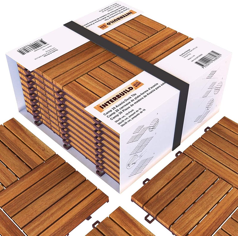 INTERBUILD REAL WOOD Acacia Hardwood Deck and Patio Easy to Install Interlocking Flooring Tiles 12"×12" - 10 Tiles/Pack - Totally 10 Sq. Ft. - Image 1