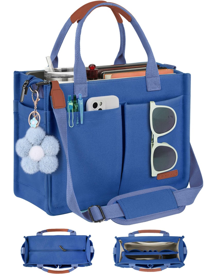 FIORETTO Women's Canvas Tote Bag with Zipper Top, Individual Compartments, Reinforced Bottom, Trolley Sleeve & Adjustable Strap, Doubles as a Crossbody Purse for Work, Travel & Bible, Demin Blue M - Image 1