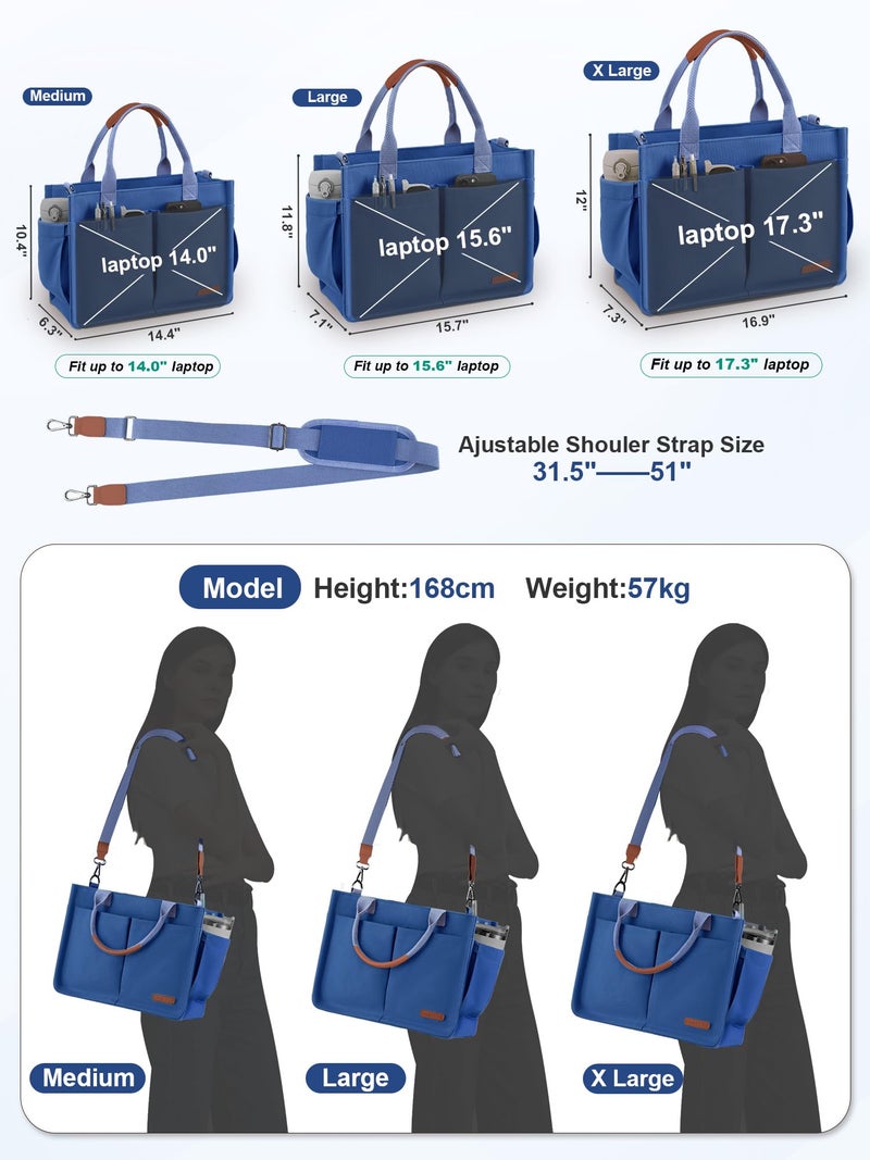 FIORETTO Women's Canvas Tote Bag with Zipper Top, Individual Compartments, Reinforced Bottom, Trolley Sleeve & Adjustable Strap, Doubles as a Crossbody Purse for Work, Travel & Bible, Demin Blue M - Image 5