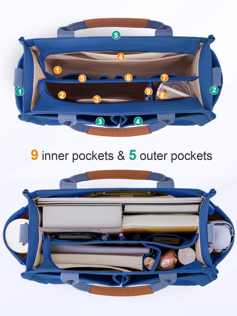 FIORETTO Women's Canvas Tote Bag with Zipper Top, Individual Compartments, Reinforced Bottom, Trolley Sleeve & Adjustable Strap, Doubles as a Crossbody Purse for Work, Travel & Bible, Demin Blue M - Image 3