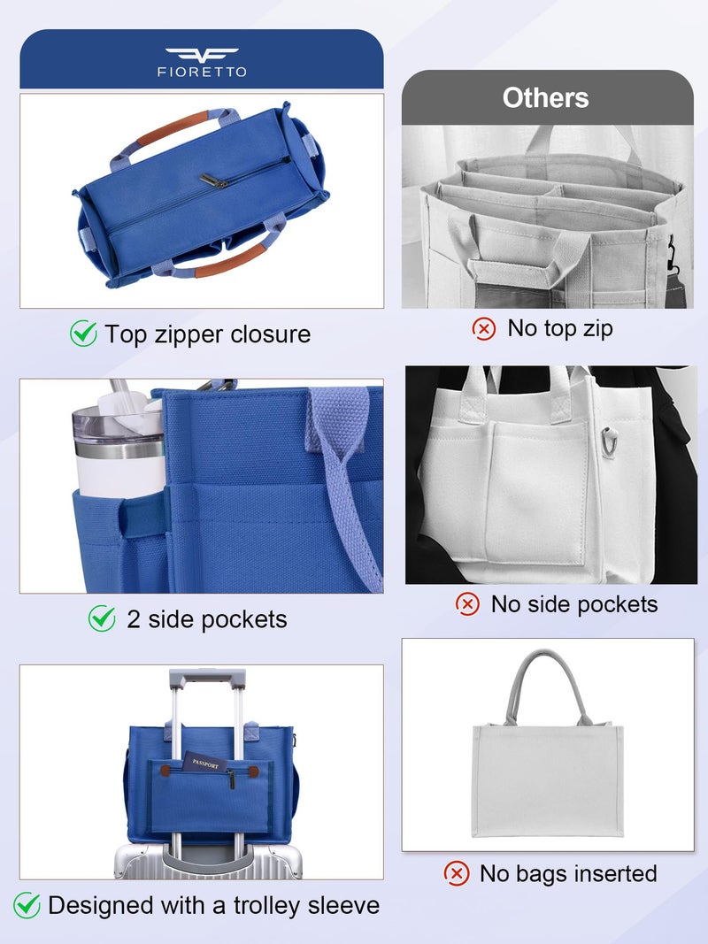 FIORETTO Women's Canvas Tote Bag with Zipper Top, Individual Compartments, Reinforced Bottom, Trolley Sleeve & Adjustable Strap, Doubles as a Crossbody Purse for Work, Travel & Bible, Demin Blue M - Image 4