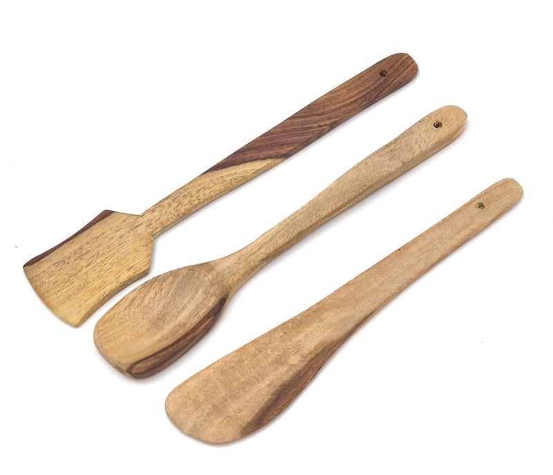 OGGN Pure Handmade Wood Spoon Spatula Set of 3, Natural Wooden Spoons & Spatulas Combo for Cooking, Non-Sticky Ladles, Butter Spoon, Palta for Frying/Flipping/Serving Food (Pack of 3) - Image 2