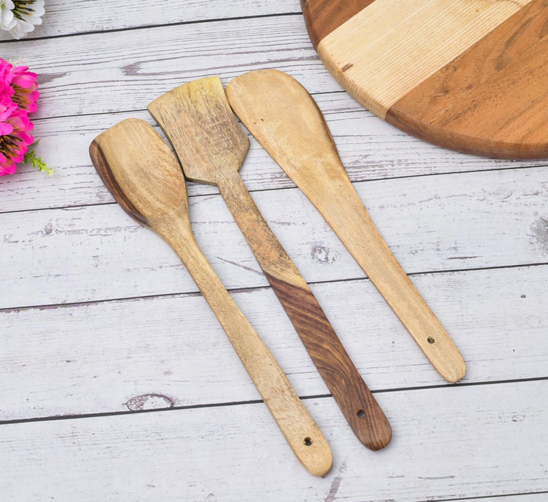 OGGN Pure Handmade Wood Spoon Spatula Set of 3, Natural Wooden Spoons & Spatulas Combo for Cooking, Non-Sticky Ladles, Butter Spoon, Palta for Frying/Flipping/Serving Food (Pack of 3) - Image 1