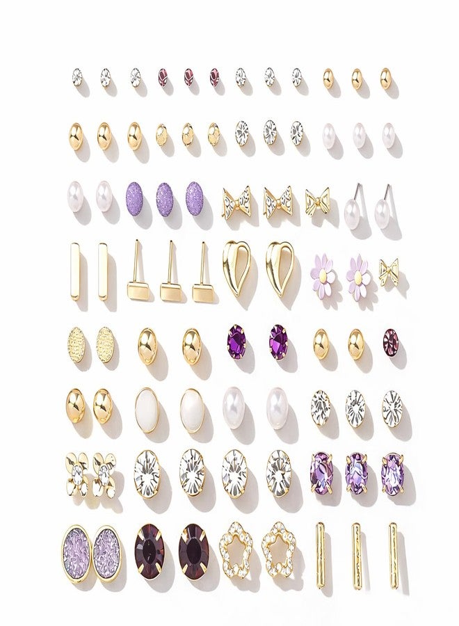 Highlark 30 Pairs Gold Plated Stud Earrings Set for Women | Crystal, Pearl & Heart Designs | Lightweight Everyday Fashion Earrings - Image 1