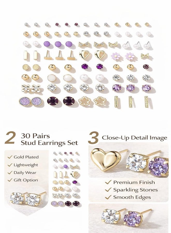 Highlark 30 Pairs Gold Plated Stud Earrings Set for Women | Crystal, Pearl & Heart Designs | Lightweight Everyday Fashion Earrings - Image 3