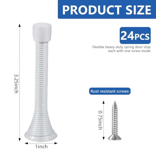 KISEER 24 Pack Spring Door Stops 3 14 Inch Flexible Heavy Duty Spring Door Stopper with RustProof Screw Rubber Bumper Tips White - Image 3