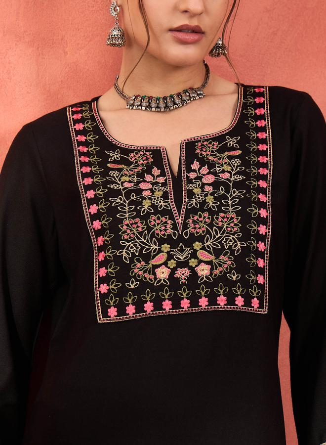 SASSAFRAS Black Rayon Embroidered Short Kurta with Salwar Set - Image 4