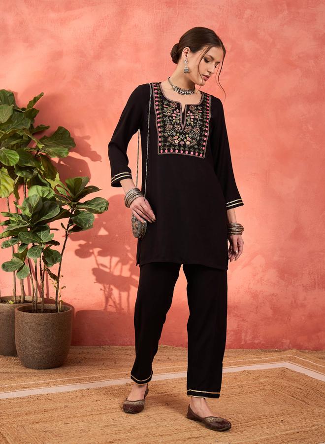 SASSAFRAS Black Rayon Embroidered Short Kurta with Salwar Set - Image 2