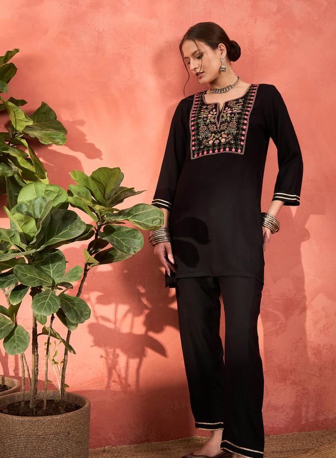 SASSAFRAS Black Rayon Embroidered Short Kurta with Salwar Set - Image 1