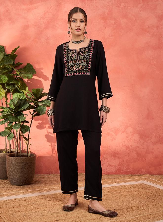 SASSAFRAS Black Rayon Embroidered Short Kurta with Salwar Set - Image 5