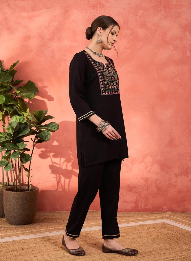 SASSAFRAS Black Rayon Embroidered Short Kurta with Salwar Set - Image 3
