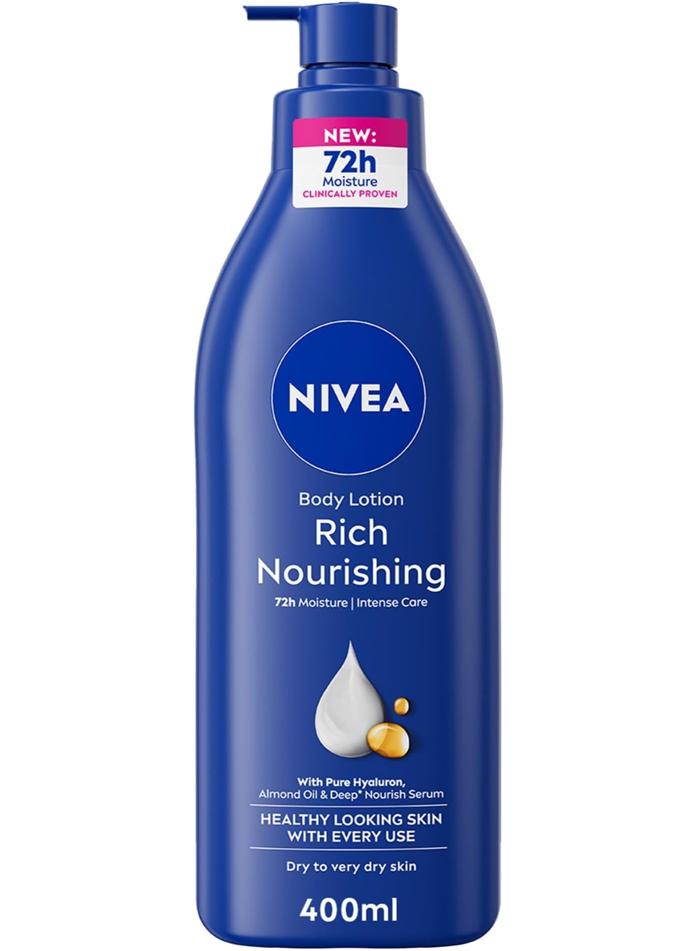 NIVEA Body Lotion for Dry to Very Dry Skin, Rich Nourishing with Pure Hyaluron, 72H Intense Moisture, 400ml