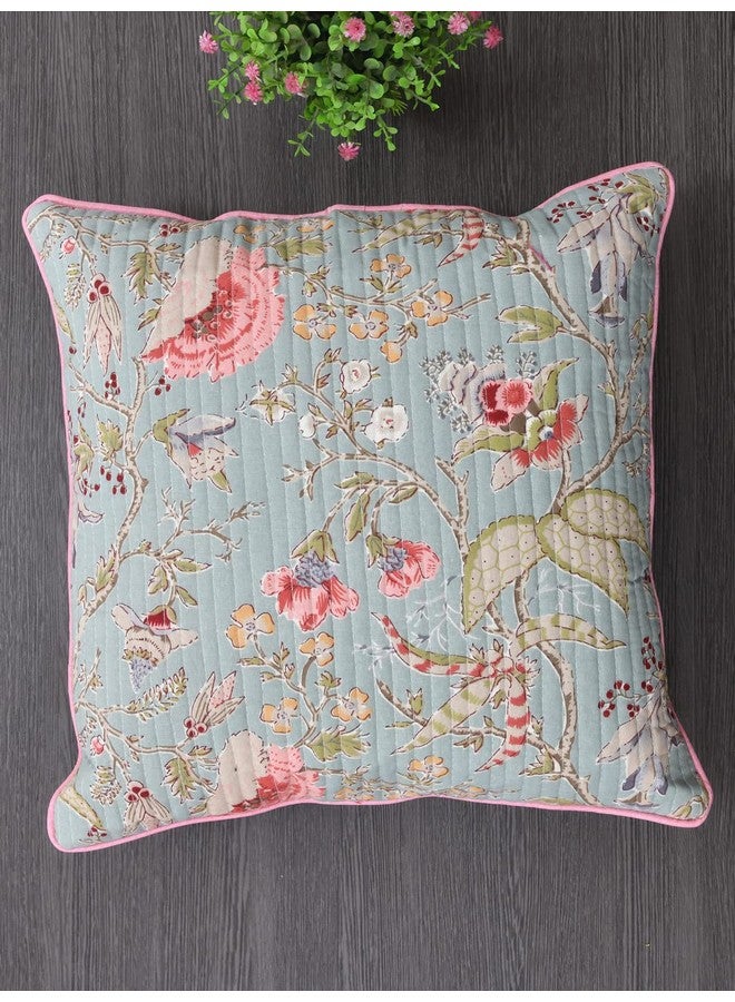 Clasiko Cushion Covers Set Of 5 Light Green & Pink Flowers With Quilting ; Cotton Fabric; 16X16 Inches; Color Fastness Guarantee 16452, 250 TC - Image 4