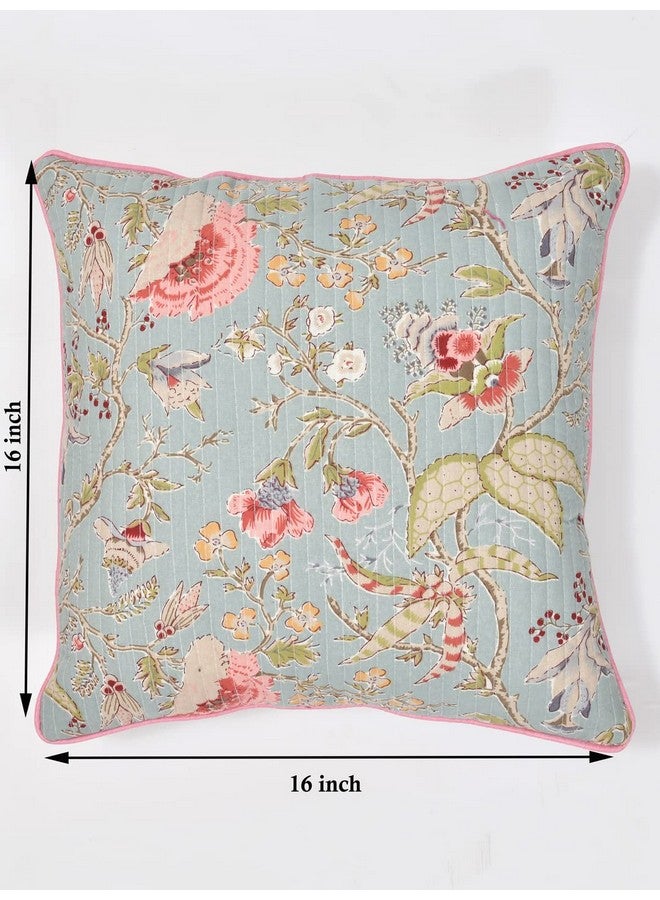 Clasiko Cushion Covers Set Of 5 Light Green & Pink Flowers With Quilting ; Cotton Fabric; 16X16 Inches; Color Fastness Guarantee 16452, 250 TC - Image 3