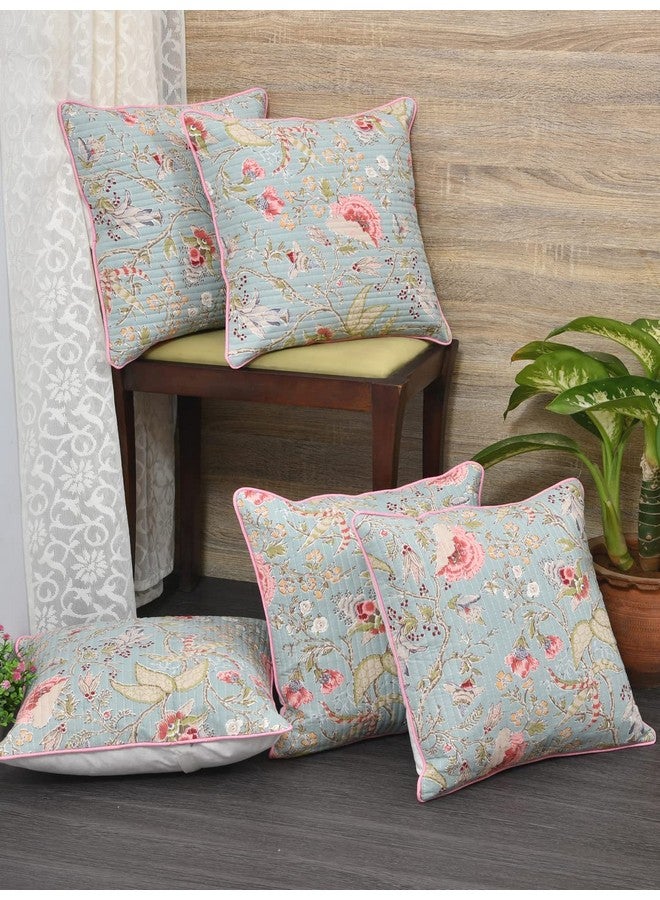 Clasiko Cushion Covers Set Of 5 Light Green & Pink Flowers With Quilting ; Cotton Fabric; 16X16 Inches; Color Fastness Guarantee 16452, 250 TC - Image 2