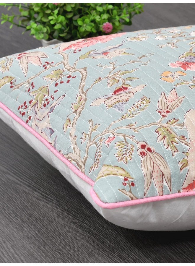 Clasiko Cushion Covers Set Of 5 Light Green & Pink Flowers With Quilting ; Cotton Fabric; 16X16 Inches; Color Fastness Guarantee 16452, 250 TC - Image 5