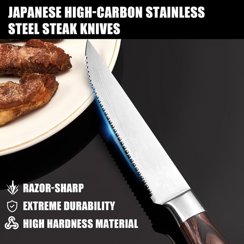 iutgin 6-Piece Serrated Steak Knife Set with Magnetic Knife Holder, Japanese High-Carbon Stainless Steel Steak Knife & Double-Sided Magnetic Knives Stand for Kitchen Counter - Image 5