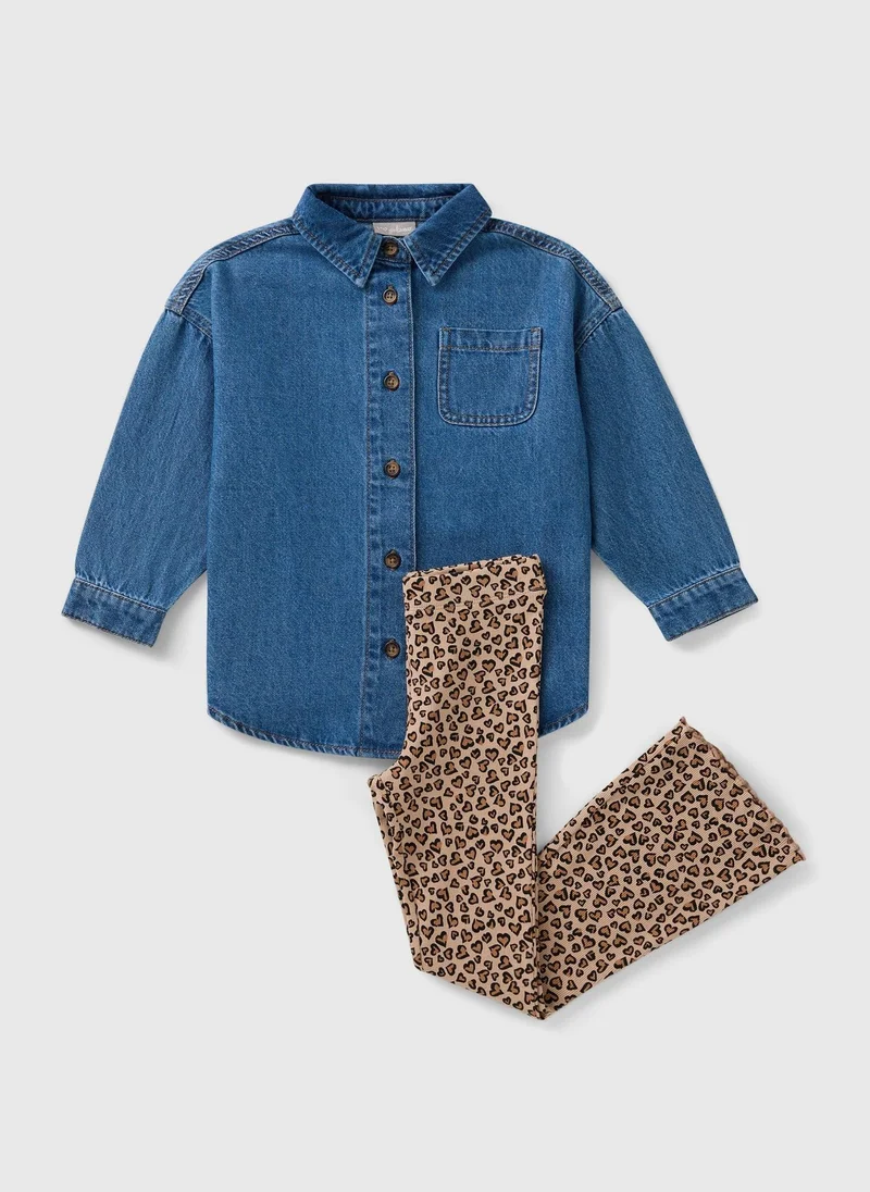 Matalan Girls Blue Denim Shirt & Leopard Legging Set