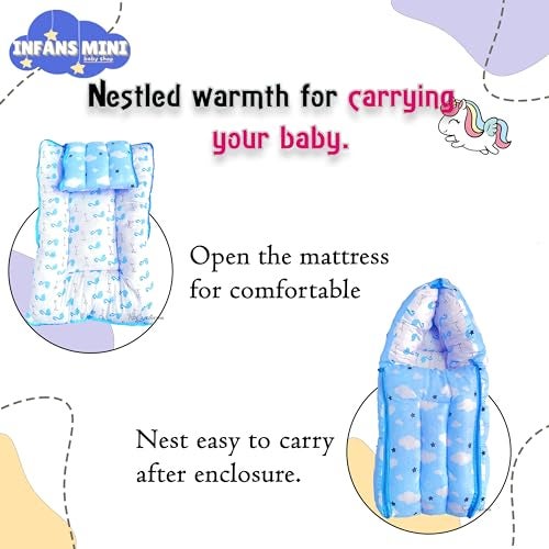 Infans Mini Cloud Mega 3 in 1 Baby's Cotton Bed Cum Carry Bed Printed Baby Sleeping Bag-Baby Bed-Infant Portable for Unisex Easily Portable, Light Weight Carry for New Born 4-8 Months Old (Blue) - Image 3