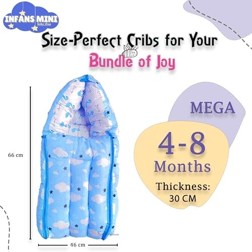 Infans Mini Cloud Mega 3 in 1 Baby's Cotton Bed Cum Carry Bed Printed Baby Sleeping Bag-Baby Bed-Infant Portable for Unisex Easily Portable, Light Weight Carry for New Born 4-8 Months Old (Blue) - Image 2