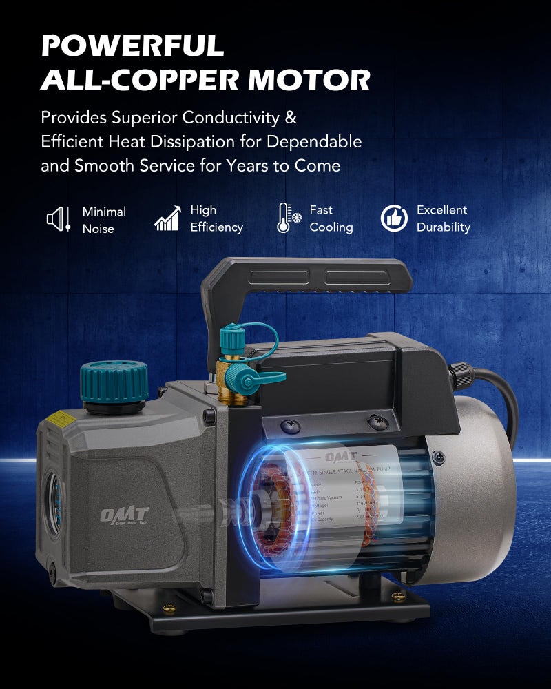 Orion Motor Tech Vacuum Pump, 3.5 cfm 1/4 hp HVAC Single Stage Vacuum Pump for R12 R22 R134a R410a R502, Auto AC Vacuum Pump Kit for Automotive Air Conditioner Resin Degassing & More, Oil Included - Image 3