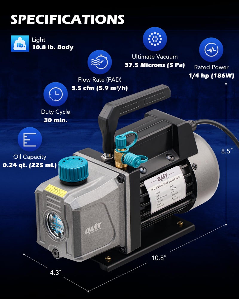 Orion Motor Tech Vacuum Pump, 3.5 cfm 1/4 hp HVAC Single Stage Vacuum Pump for R12 R22 R134a R410a R502, Auto AC Vacuum Pump Kit for Automotive Air Conditioner Resin Degassing & More, Oil Included - Image 2