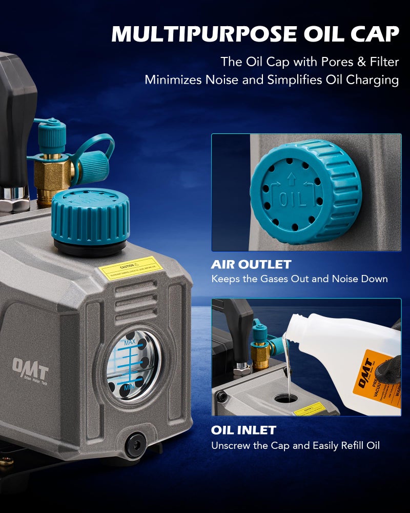 Orion Motor Tech Vacuum Pump, 3.5 cfm 1/4 hp HVAC Single Stage Vacuum Pump for R12 R22 R134a R410a R502, Auto AC Vacuum Pump Kit for Automotive Air Conditioner Resin Degassing & More, Oil Included - Image 4