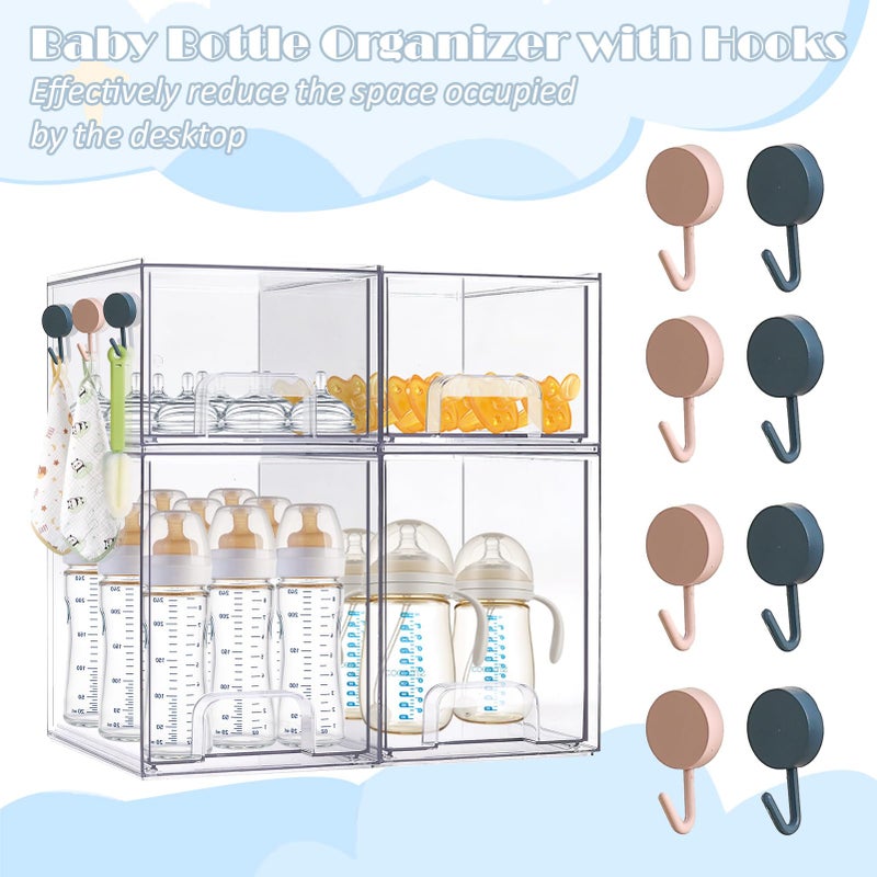 zebrater Baby Bottle Organizer-4 Pack Stackable Storage Drawers, Baby Organizers and Storage with Hooks, Clear Acrylic Multipurpose Bottle Storage for Countertop,Kitchen,Cabinet,Vanity,Bathroom - Image 2