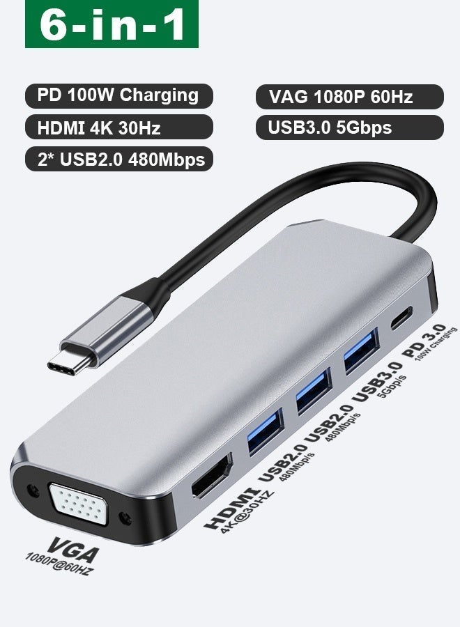 6-in-1 Type-C Hub with 100W PD, 4K HDMI & VGA, USB 3.0 5Gbps – Compatible with MacBook, iPad, Samsung and Laptops - Image 1