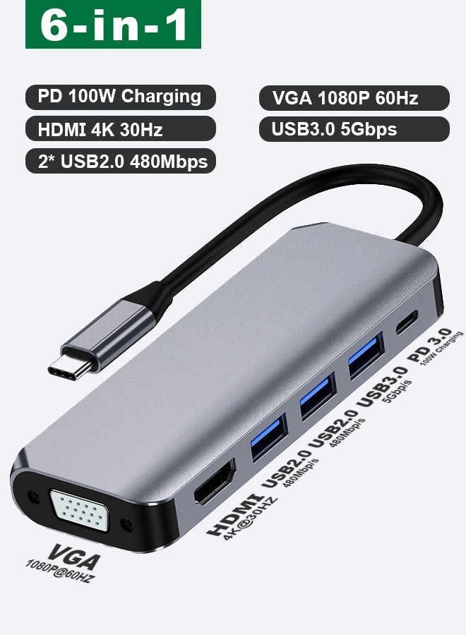 6-in-1 Type-C Hub with 100W PD, 4K HDMI & VGA, USB 3.0 5Gbps – Compatible with MacBook, iPad, Samsung and Laptops - Image 1