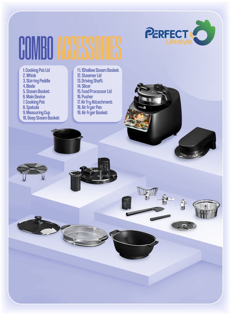برفكت طباخ كهربائي وبخار 5 لتر، طباخ كهربائي متعدد الوظائف غير لاصق، طباخ كومبو روبوت ومقلاة هوائية، مقلاة، طهي ما يصل إلى 3 أطباق في وقت واحد، 1250 وات CK-5037، أسود - Image 3