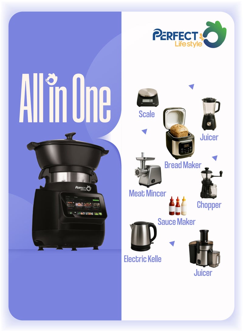 برفكت طباخ كهربائي وبخار 5 لتر، طباخ كهربائي متعدد الوظائف غير لاصق، طباخ كومبو روبوت ومقلاة هوائية، مقلاة، طهي ما يصل إلى 3 أطباق في وقت واحد، 1250 وات CK-5037، أسود - Image 4