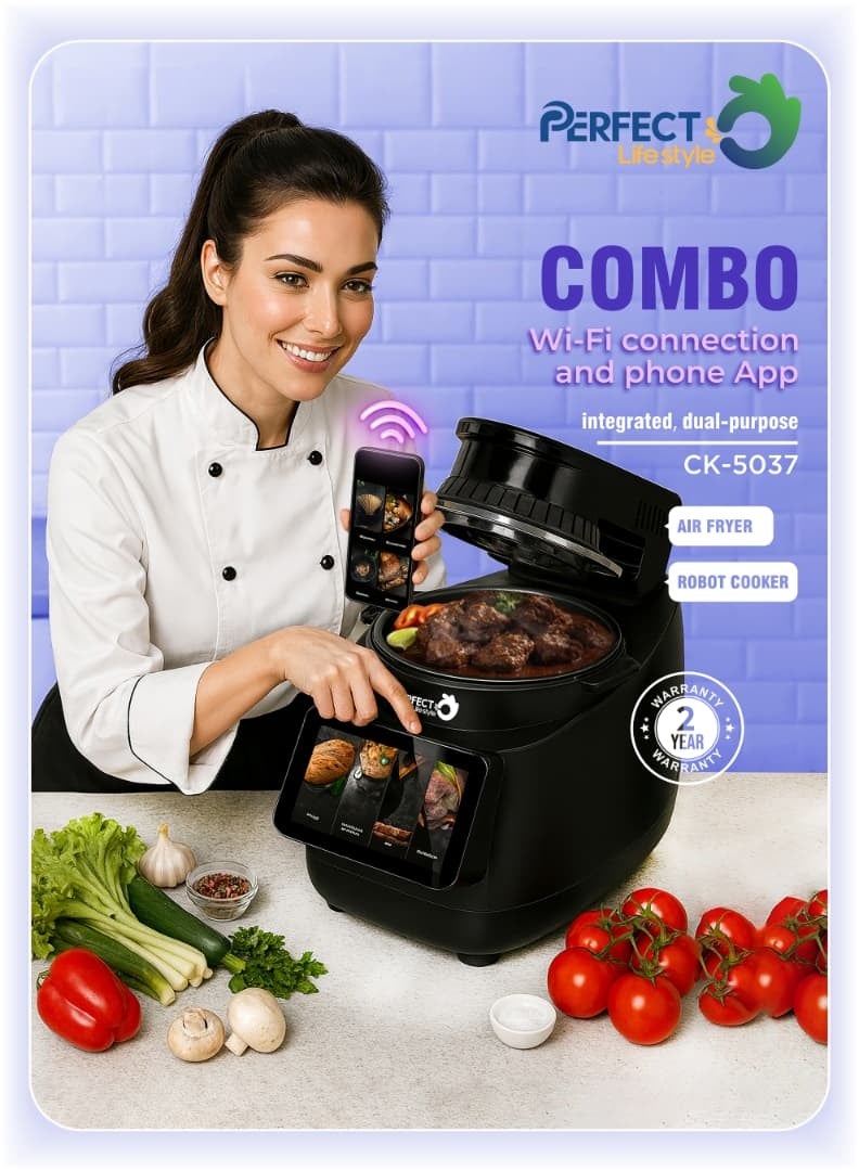 برفكت طباخ كهربائي وبخار 5 لتر، طباخ كهربائي متعدد الوظائف غير لاصق، طباخ كومبو روبوت ومقلاة هوائية، مقلاة، طهي ما يصل إلى 3 أطباق في وقت واحد، 1250 وات CK-5037، أسود - Image 2