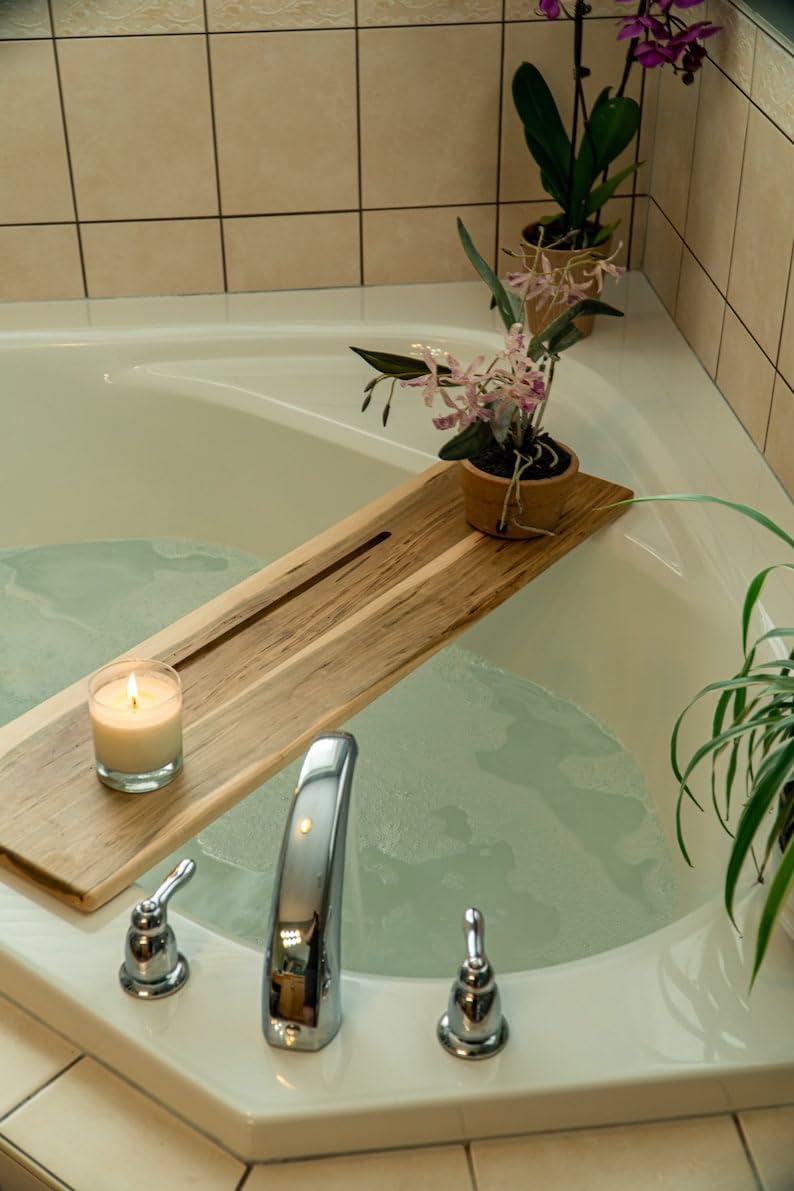 RuPS صينية حوض الاستحمام الحديثة من RuPS / حامل حوض الاستحمام للحمام، رف حوض استحمام خشبي / طاولة مع حامل موبايل / تابلت. (كبير - 40" x 7" x 1") - Image 3